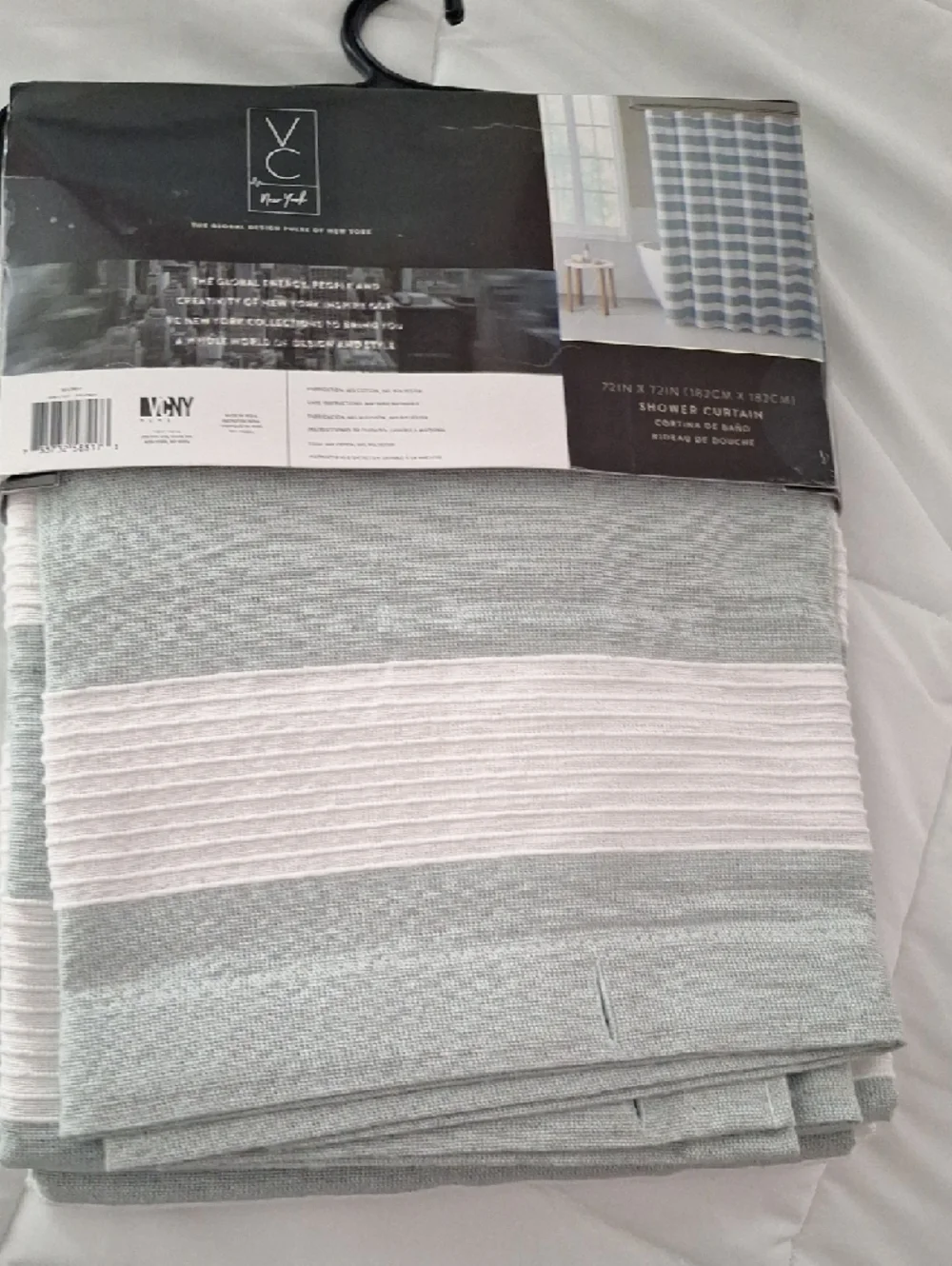 VC New York Seacrest Sage Green and White Striped Shower Curtain